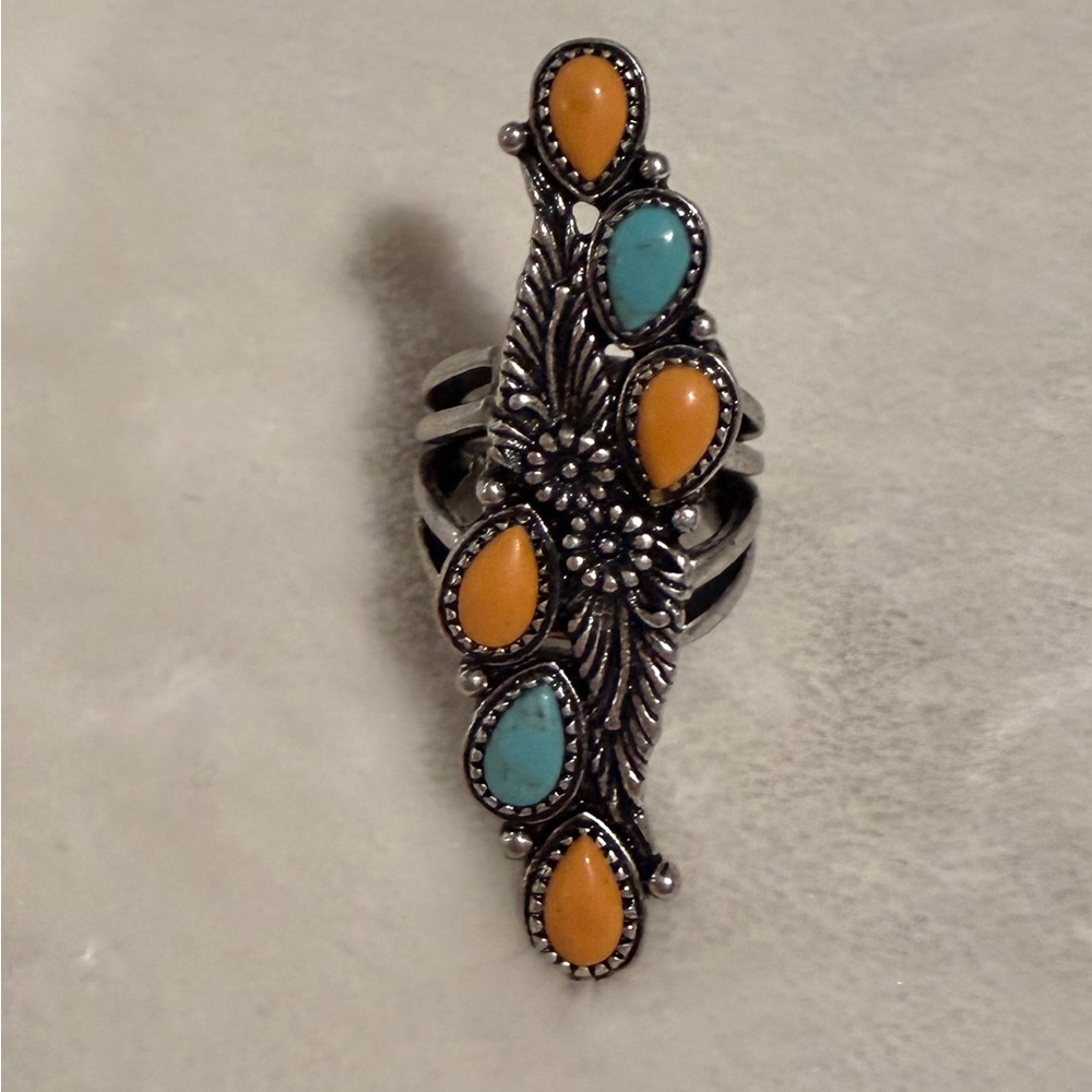 Lucky Brand Style Turquoise Coral Ring Adjustable | Boho Western Statement